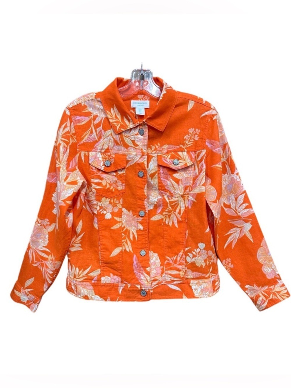 Orange linen floral jacket Womens Medium  Lightweight Summer Cynthia Rowley